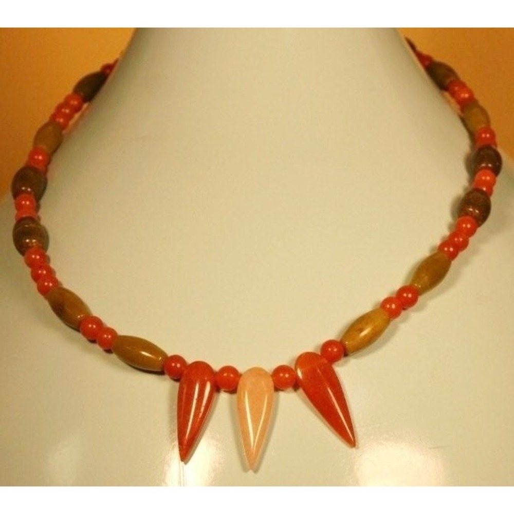 Handmade beaded necklace of Red Aventurine and olive jade semi precious stones